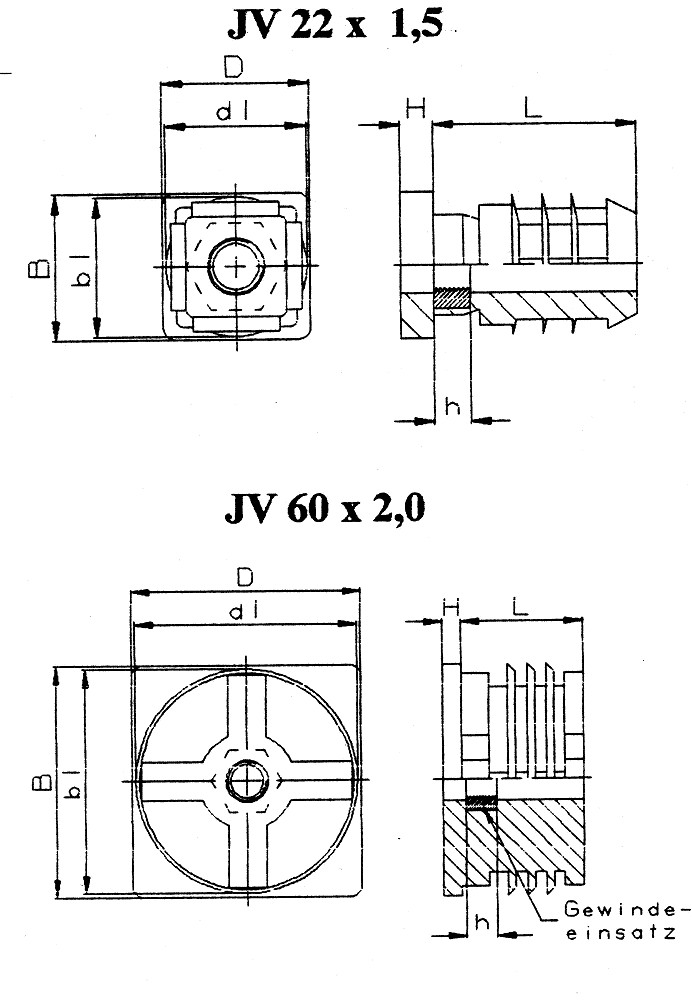 JV 1 / Einsteckbuchsen für Quadratrohre